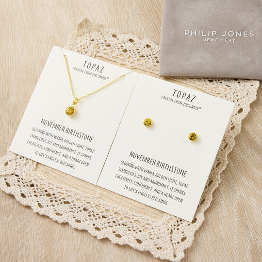 Gold Plated November (Topaz) Birthstone Necklace & Earrings Set Created with Zircondia® Crystals - Philip Jones Jewellery