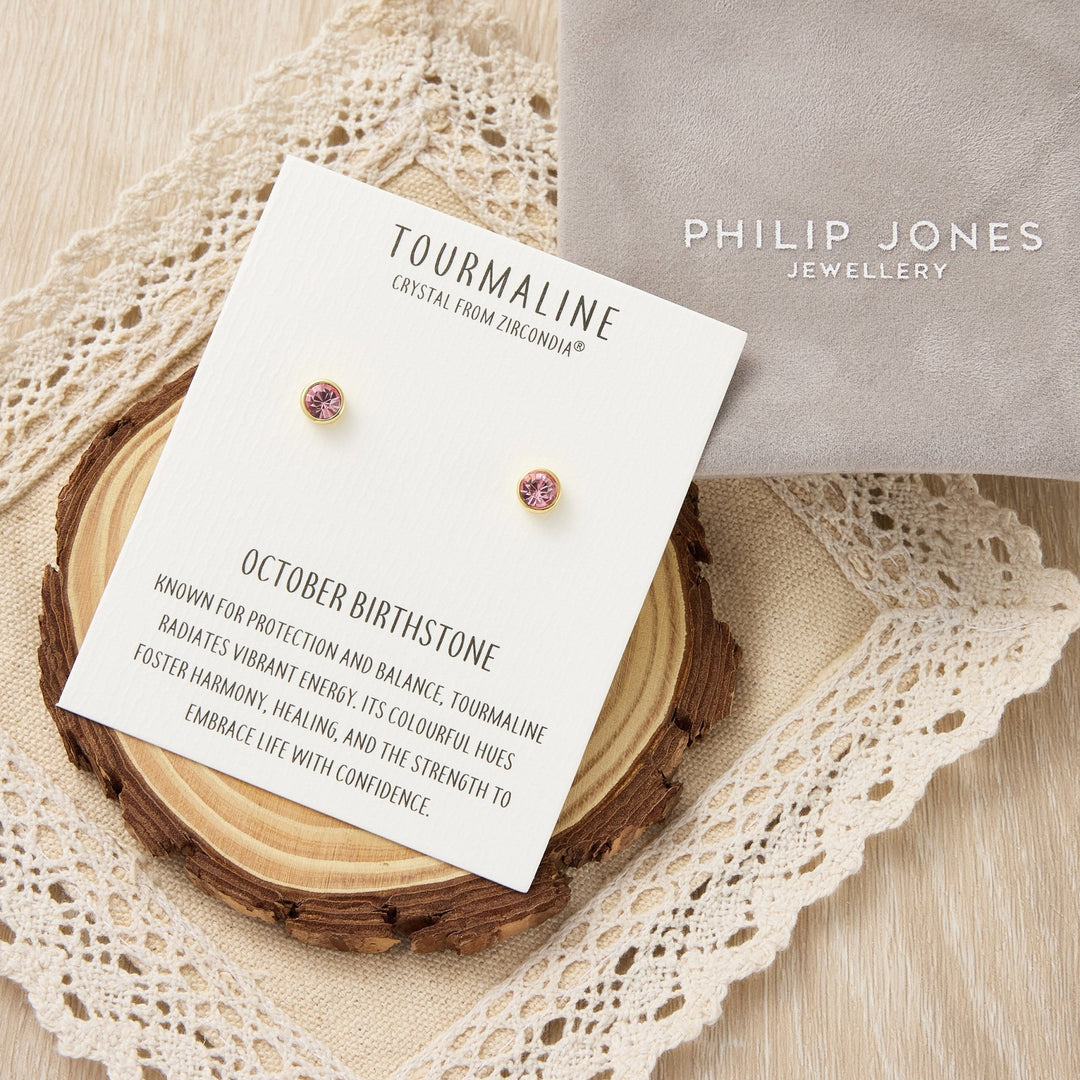 Gold Plated October (Tourmaline) Birthstone Earrings Created with Zircondia® Crystals - Philip Jones Jewellery