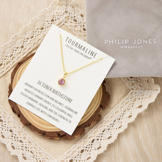 Gold Plated October (Tourmaline) Birthstone Necklace Created with Zircondia® Crystals - Philip Jones Jewellery