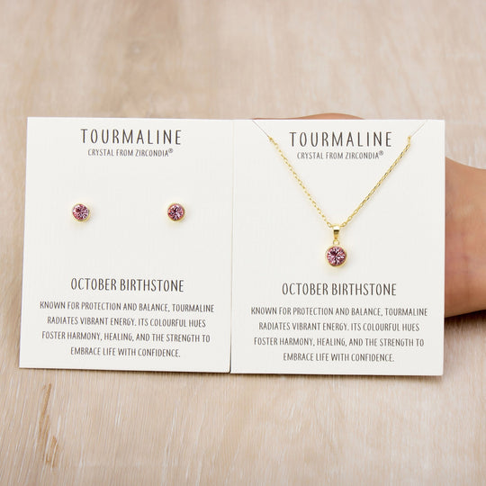 Gold Plated October (Tourmaline) Birthstone Necklace & Earrings Set Created with Zircondia® Crystals - Philip Jones Jewellery