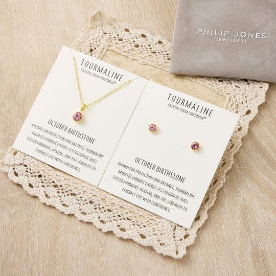 Gold Plated October (Tourmaline) Birthstone Necklace & Earrings Set Created with Zircondia® Crystals - Philip Jones Jewellery