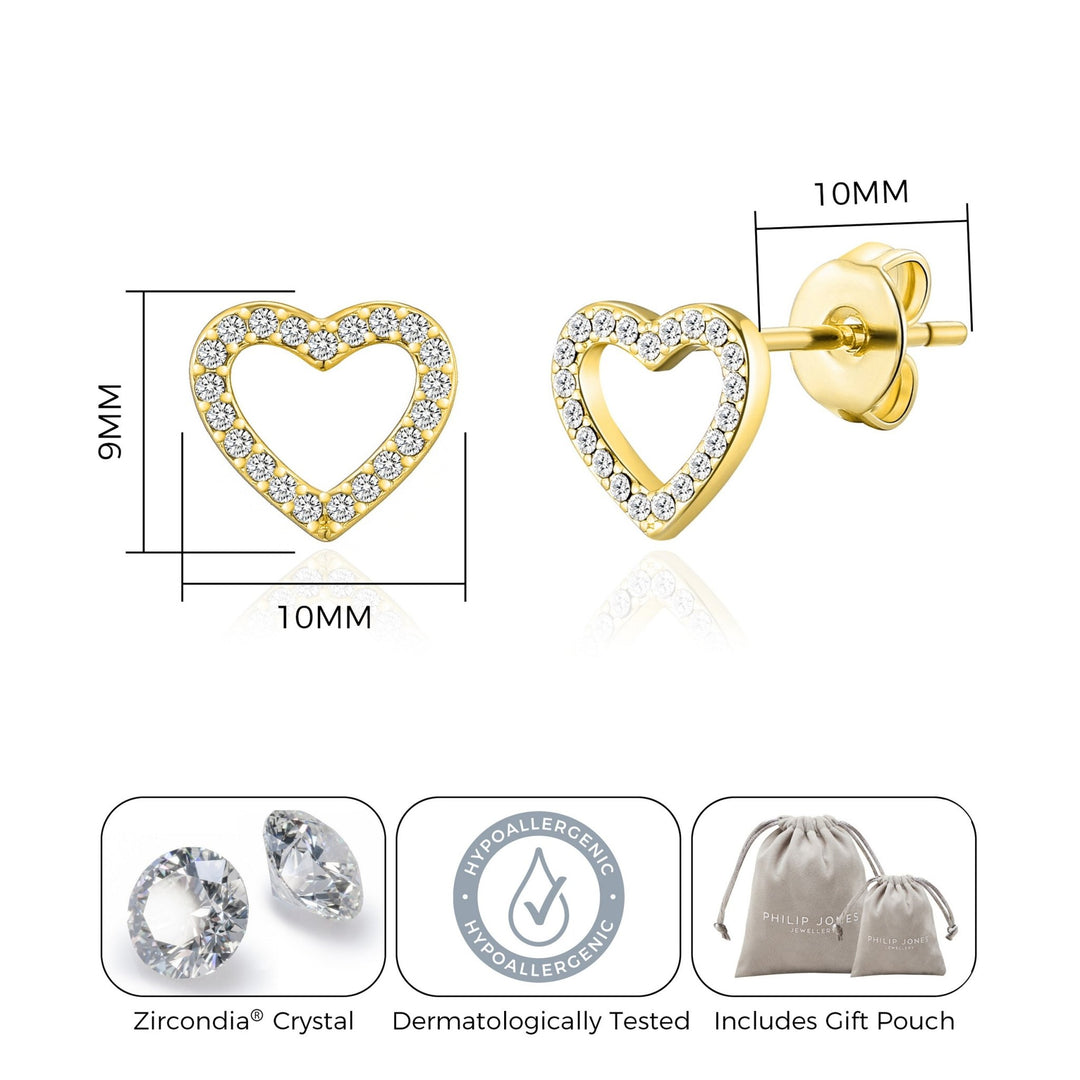 Gold Plated Open Heart Earrings Created with Zircondia® Crystals - Philip Jones Jewellery