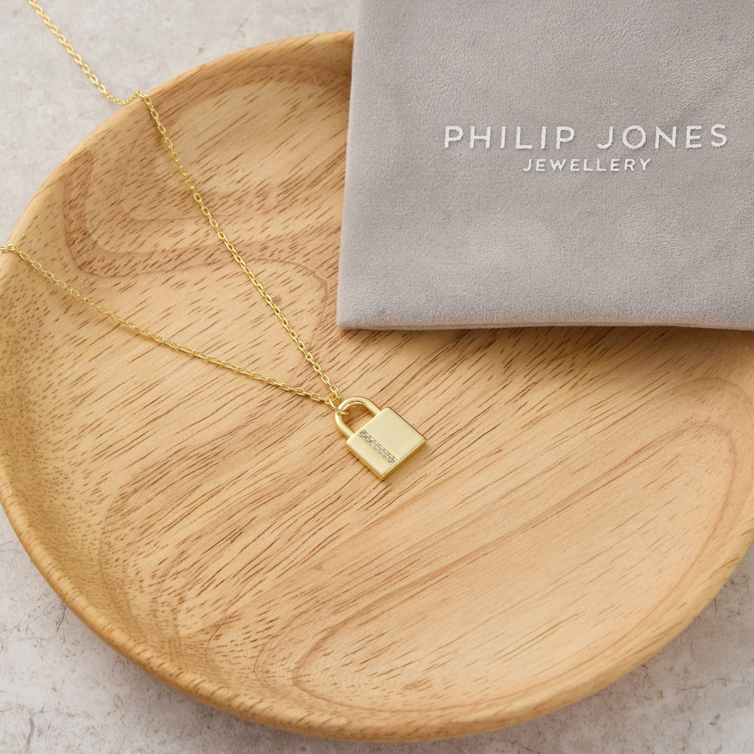 Gold Plated Padlock Necklace Created with Zircondia® Crystals - Philip Jones Jewellery