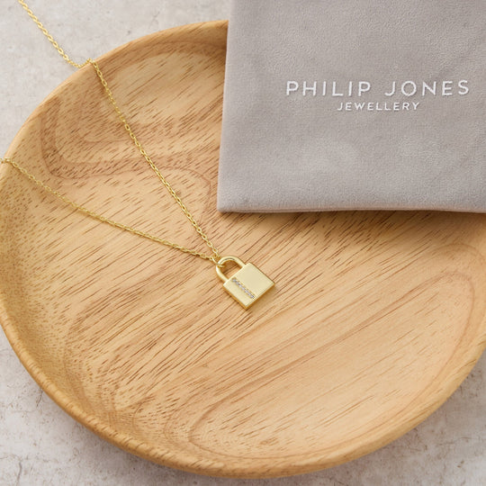 Gold Plated Padlock Necklace Created with Zircondia® Crystals - Philip Jones Jewellery