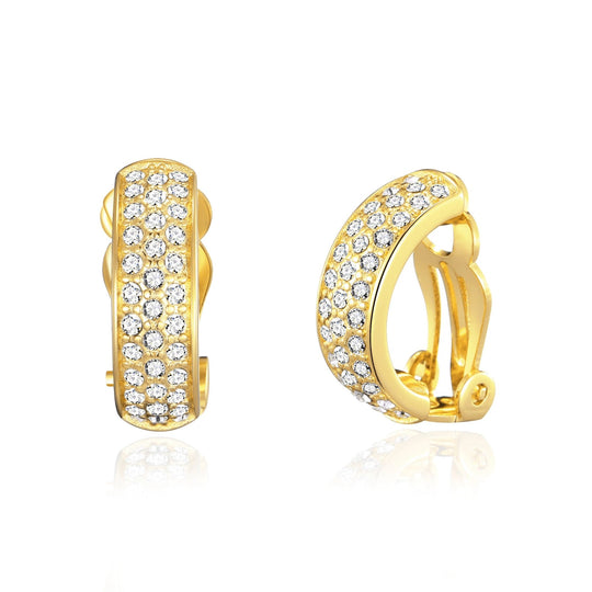 Gold Plated Pave Clip On Earrings Created with Zircondia® Crystals - Philip Jones Jewellery