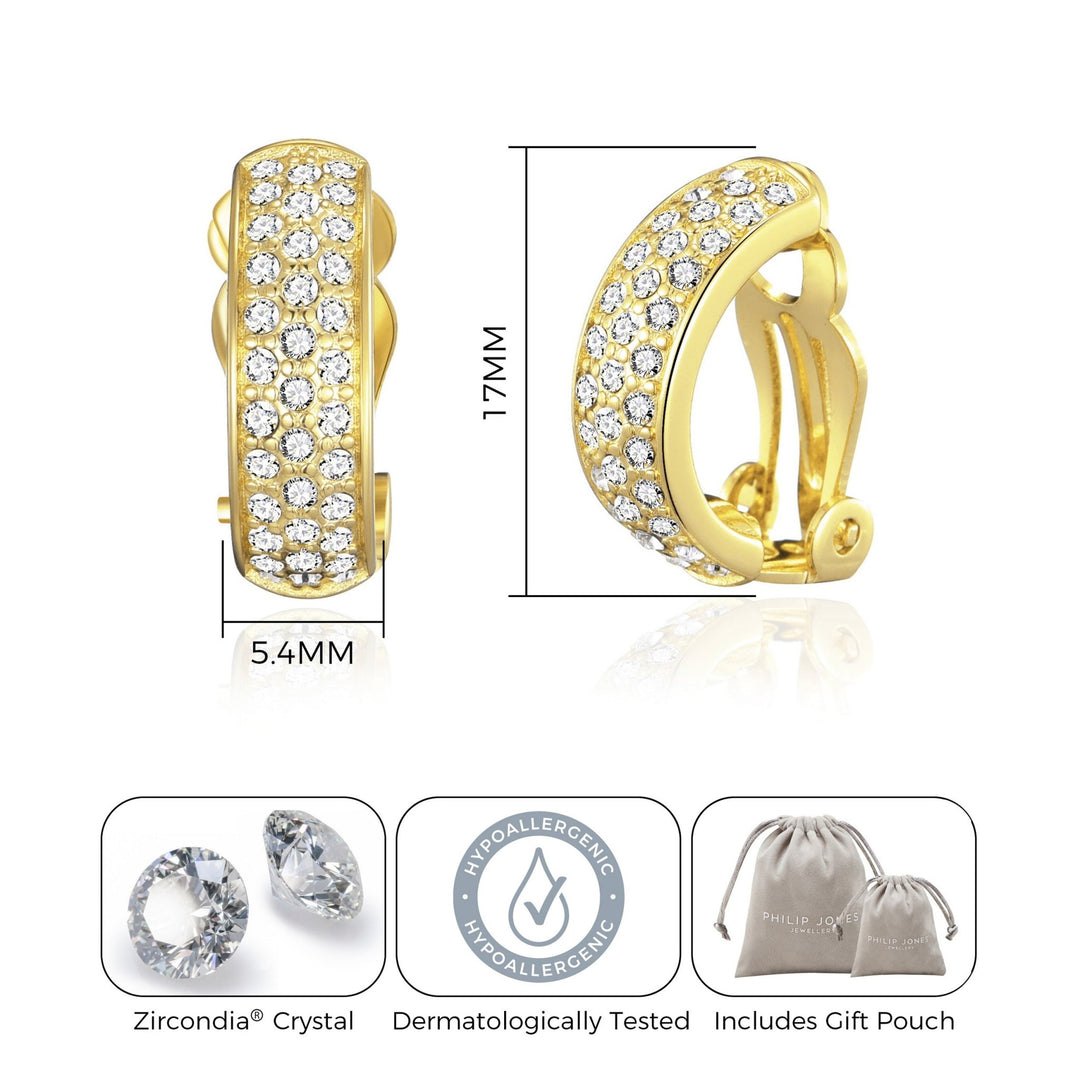 Gold Plated Pave Clip On Earrings Created with Zircondia® Crystals - Philip Jones Jewellery