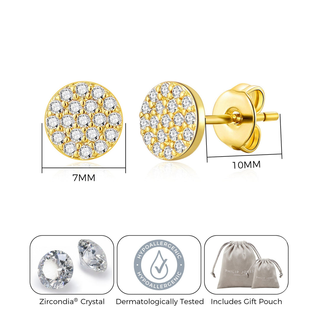 Gold Plated Pave Round Earrings Created with Zircondia® Crystals - Philip Jones Jewellery