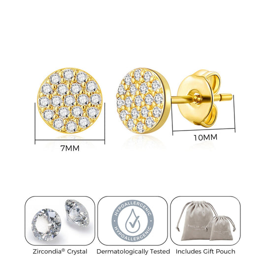 Gold Plated Pave Round Earrings Created with Zircondia® Crystals - Philip Jones Jewellery