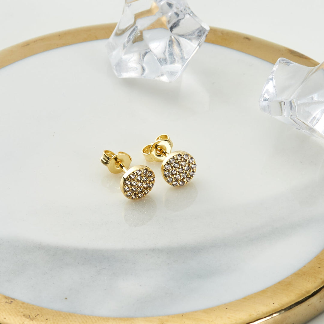 Gold Plated Pave Round Earrings Created with Zircondia® Crystals - Philip Jones Jewellery
