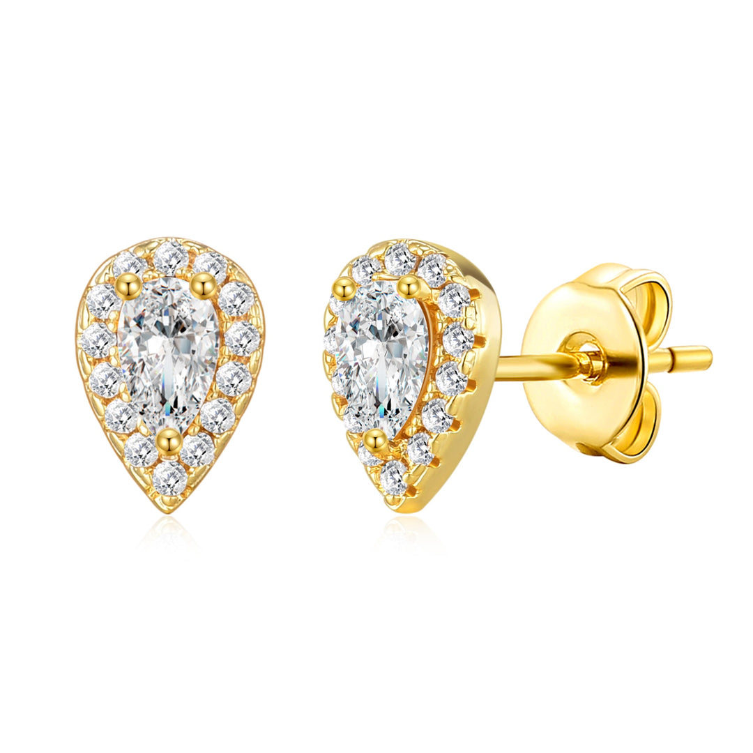 Gold Plated Pear Halo Earrings Created with Zircondia® Crystals - Philip Jones Jewellery