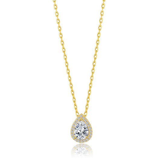 Gold Plated Pear Halo Necklace Created with Zircondia® Crystals - Philip Jones Jewellery