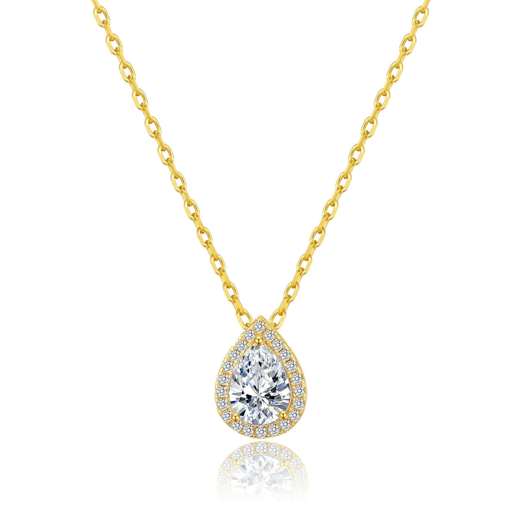 Gold Plated Pear Halo Necklace Created with Zircondia® Crystals - Philip Jones Jewellery
