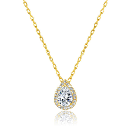 Gold Plated Pear Halo Necklace Created with Zircondia® Crystals - Philip Jones Jewellery