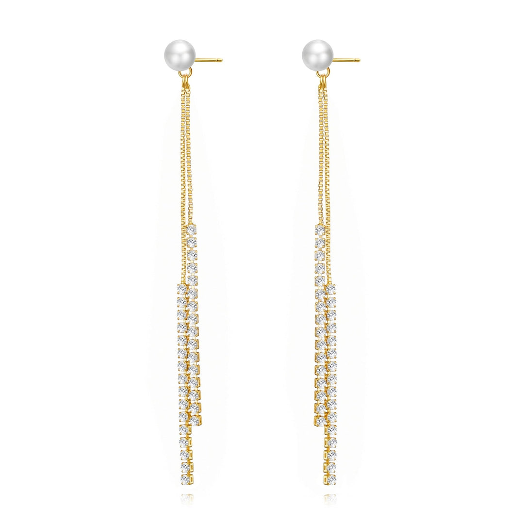 Gold Plated Pearl Dangle Earrings Created with Zircondia® Crystals - Philip Jones Jewellery