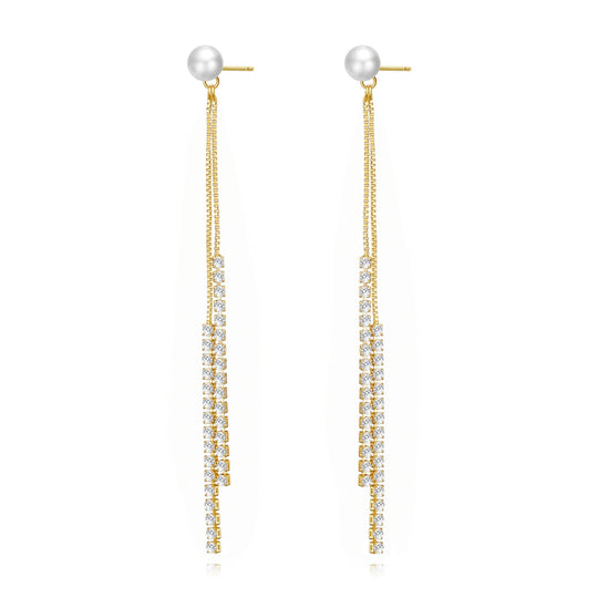 Gold Plated Pearl Dangle Earrings Created with Zircondia® Crystals - Philip Jones Jewellery