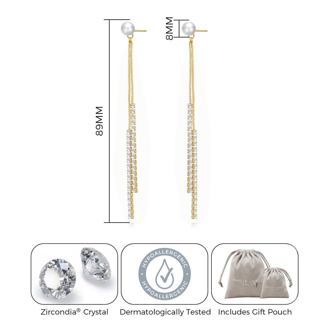 Gold Plated Pearl Dangle Earrings Created with Zircondia® Crystals - Philip Jones Jewellery