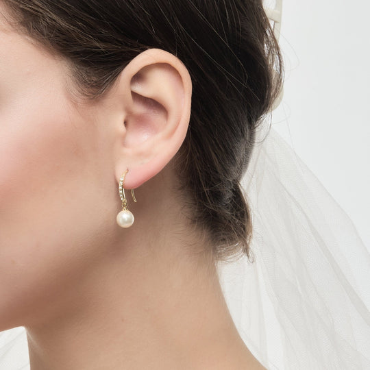 Gold Plated Pearl Drop Bridal Earrings Created with Zircondia® Crystals - Philip Jones Jewellery