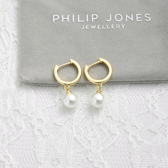 Gold Plated Pearl Drop Bridal Hoop Earrings - Philip Jones Jewellery