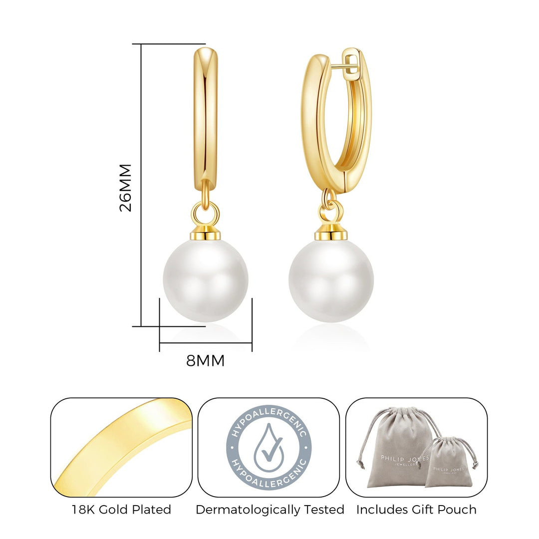 Gold Plated Pearl Drop Hoop Earrings - Philip Jones Jewellery