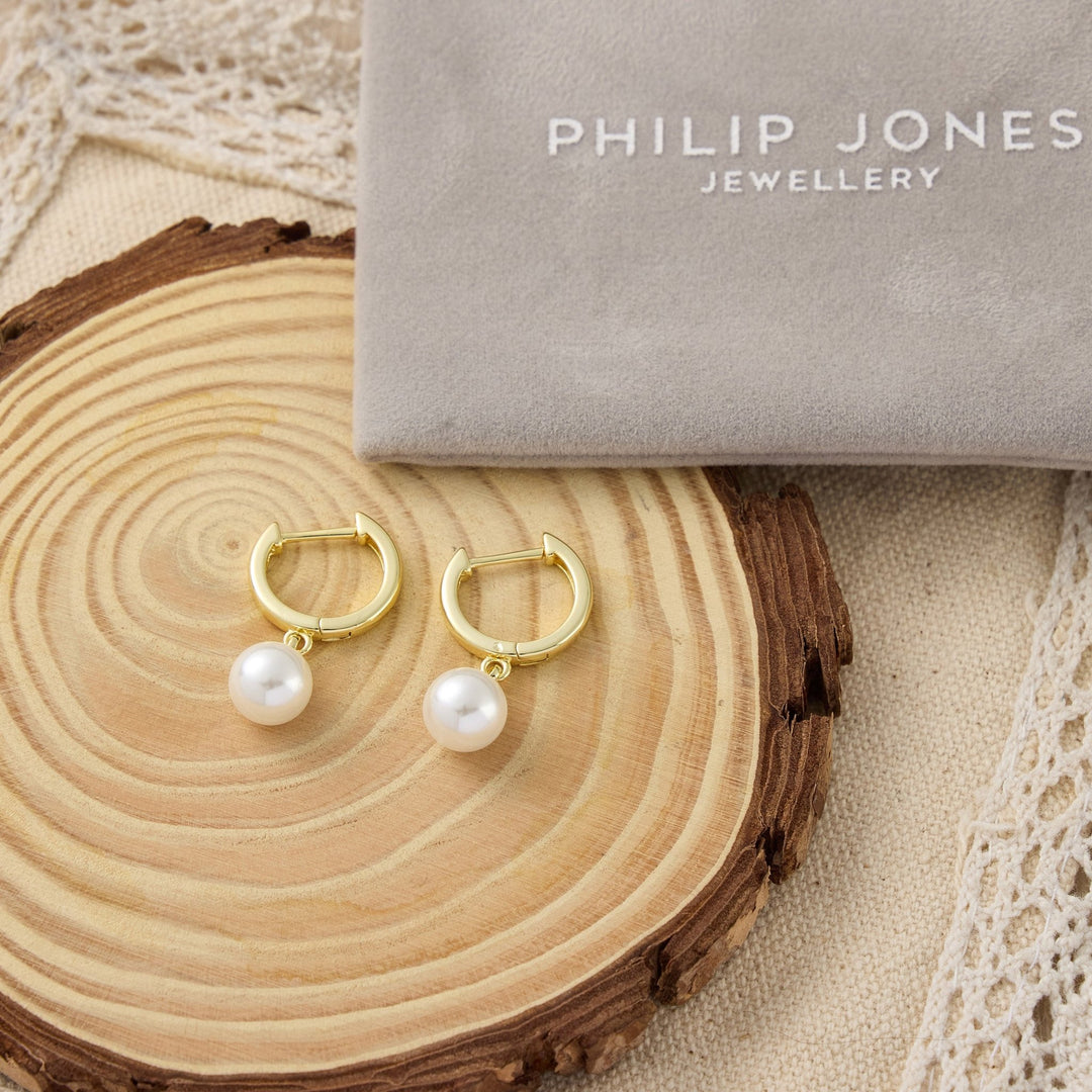 Gold Plated Pearl Drop Hoop Earrings - Philip Jones Jewellery