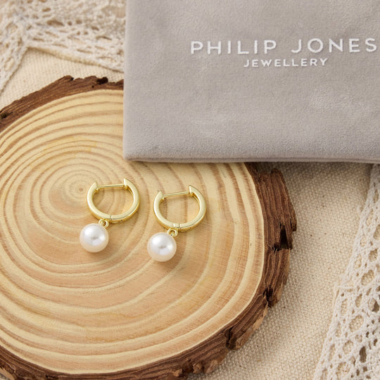 Gold Plated Pearl Drop Hoop Earrings - Philip Jones Jewellery