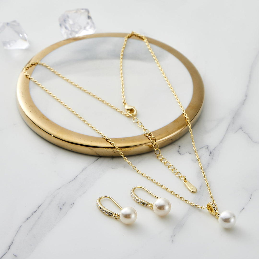 Gold Plated Pearl Drop Set Created with Zircondia® Crystals - Philip Jones Jewellery