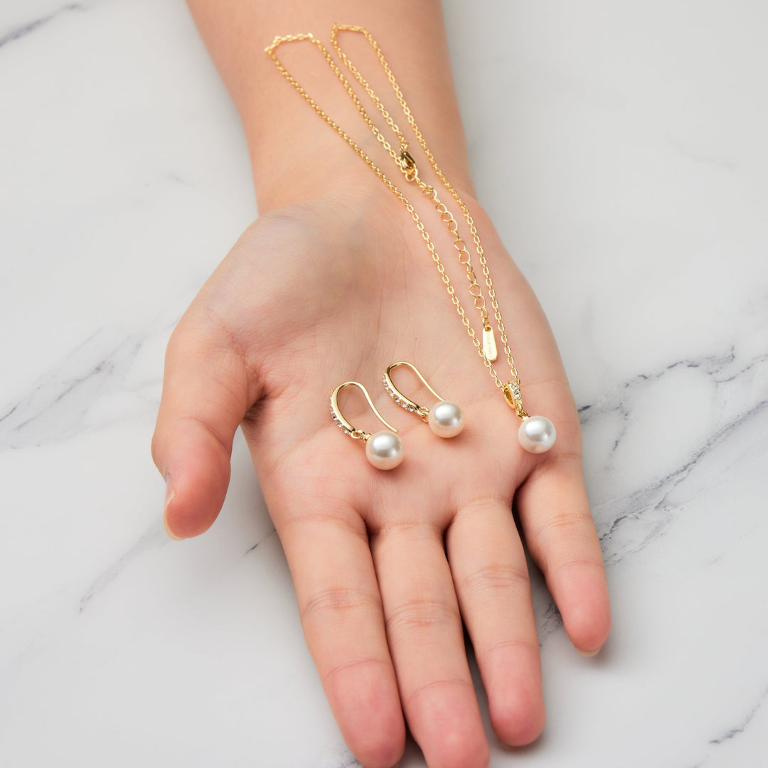 Gold Plated Pearl Drop Set Created with Zircondia® Crystals - Philip Jones Jewellery