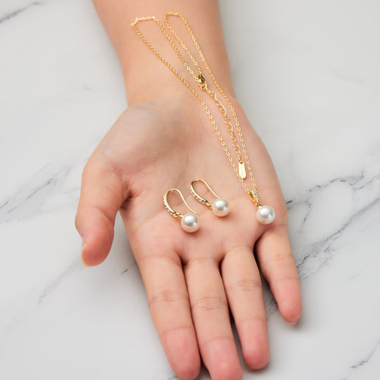 Gold Plated Pearl Drop Set Created with Zircondia® Crystals - Philip Jones Jewellery