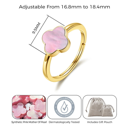 Gold Plated Pink Mother of Pearl Gemstone Adjustable Clover Ring - Philip Jones Jewellery