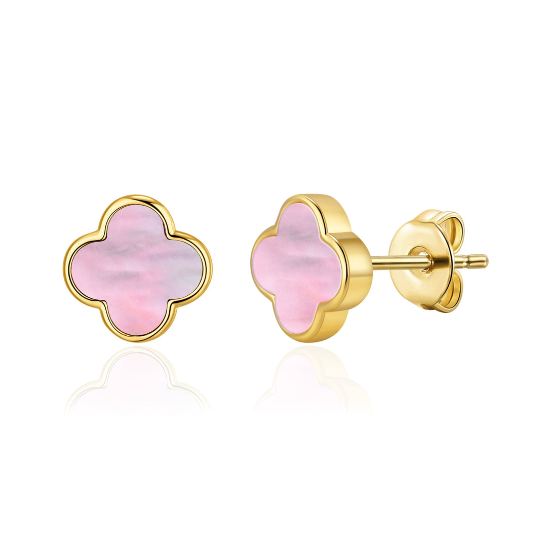 Gold Plated Pink Mother of Pearl Gemstone Clover Earrings - Philip Jones Jewellery