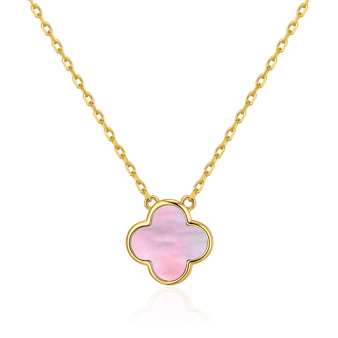 Gold Plated Pink Mother of Pearl Gemstone Clover Necklace - Philip Jones Jewellery