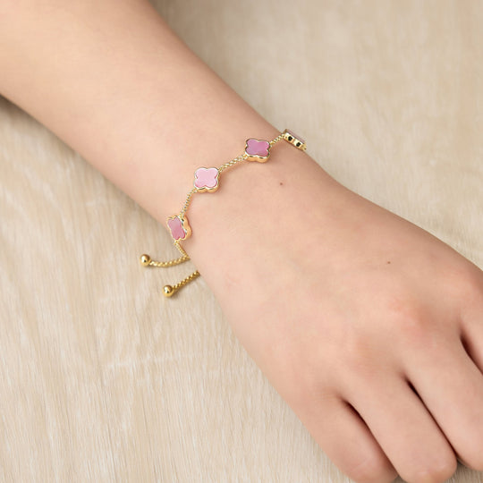 Gold Plated Pink Mother Of Pearl Multi Clover Friendship Bracelet - Philip Jones Jewellery