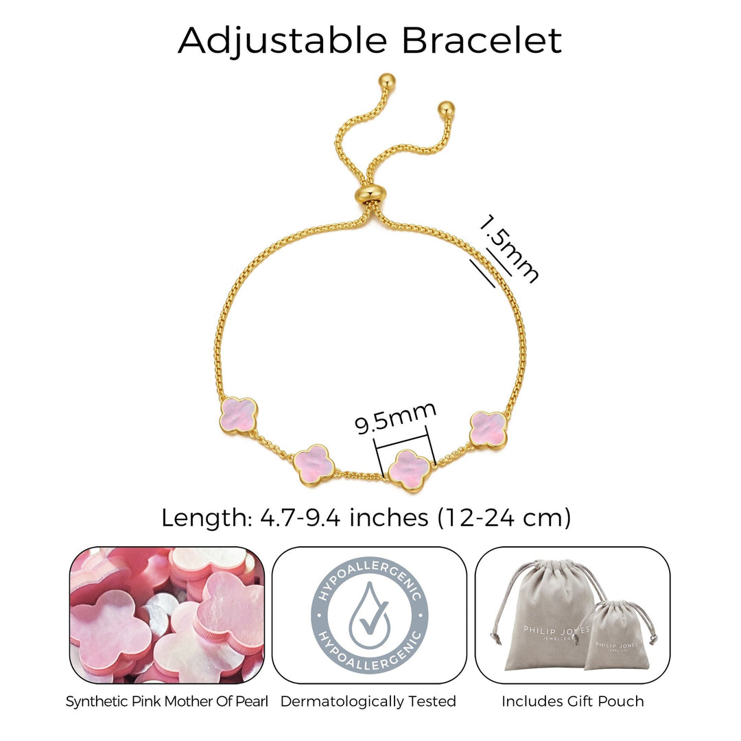 Gold Plated Pink Mother Of Pearl Multi Clover Friendship Bracelet - Philip Jones Jewellery