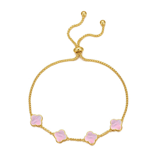 Gold Plated Pink Mother Of Pearl Multi Clover Friendship Bracelet - Philip Jones Jewellery