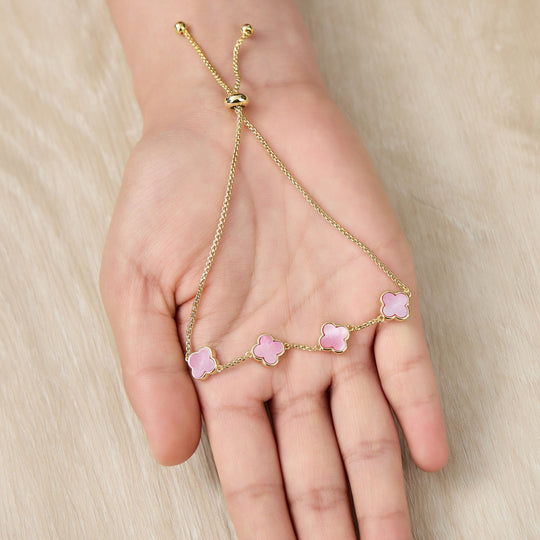 Gold Plated Pink Mother Of Pearl Multi Clover Friendship Bracelet - Philip Jones Jewellery