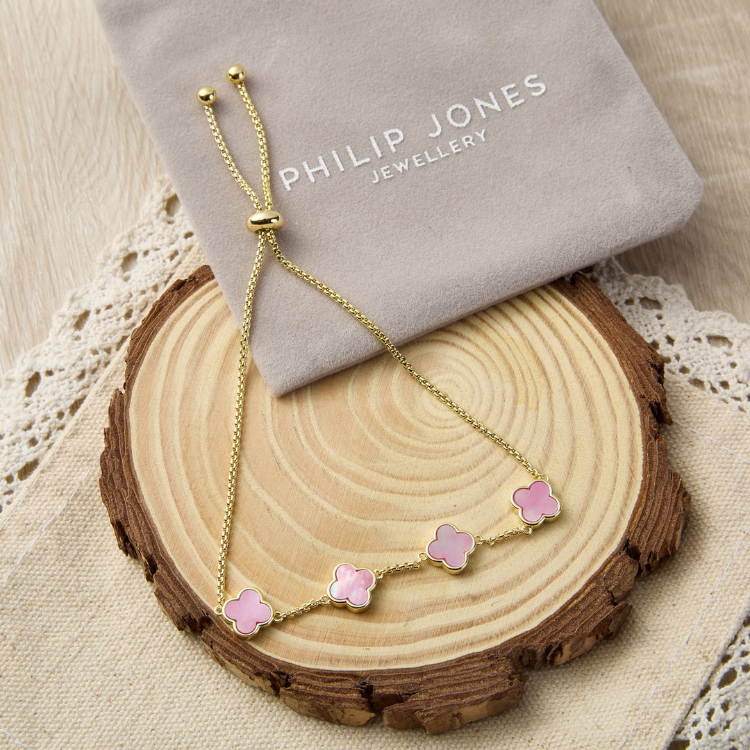 Gold Plated Pink Mother Of Pearl Multi Clover Friendship Bracelet - Philip Jones Jewellery