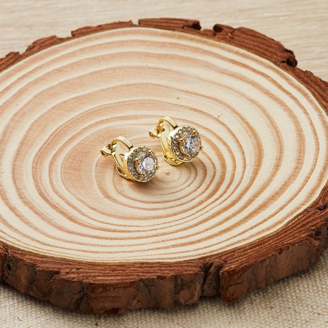 Gold Plated Round Halo Clip On Earrings Created with Zircondia® Crystals - Philip Jones Jewellery