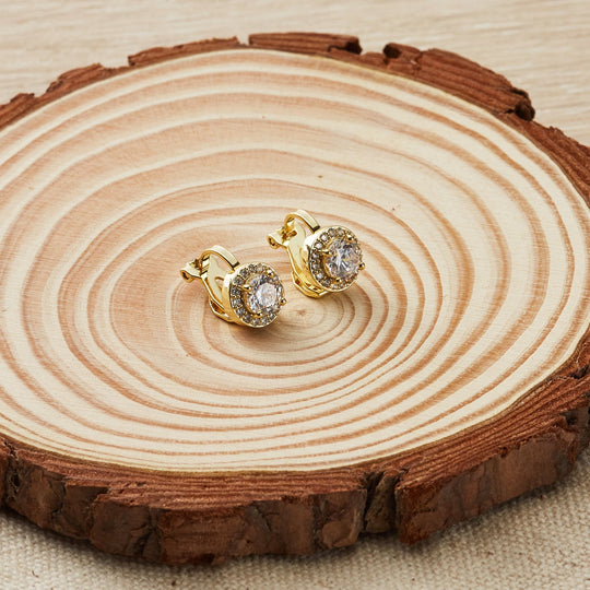 Gold Plated Round Halo Clip On Earrings Created with Zircondia® Crystals - Philip Jones Jewellery