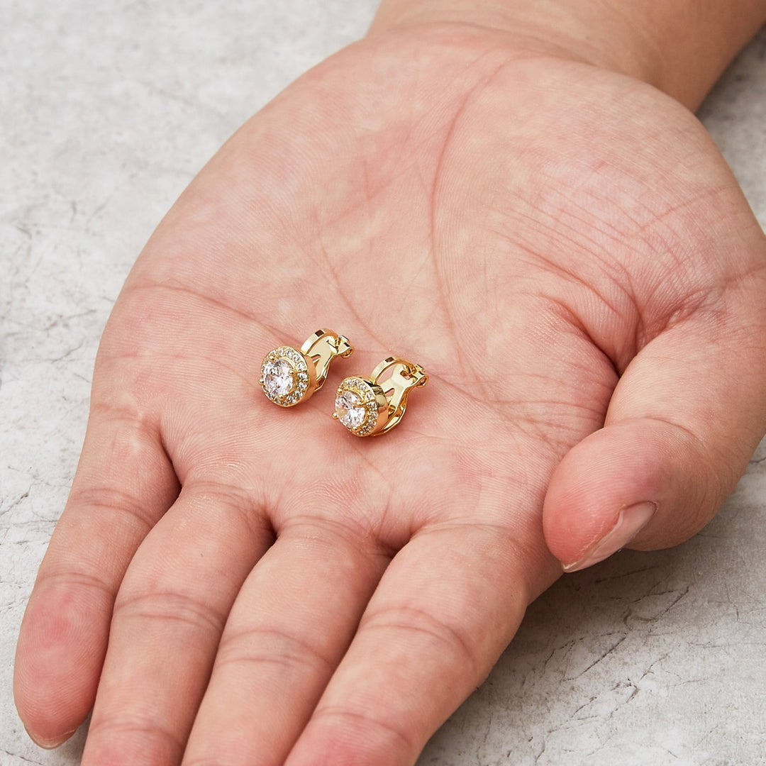 Gold Plated Round Halo Clip On Earrings Created with Zircondia® Crystals - Philip Jones Jewellery