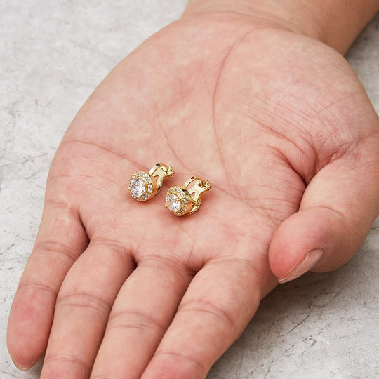 Gold Plated Round Halo Clip On Earrings Created with Zircondia® Crystals - Philip Jones Jewellery