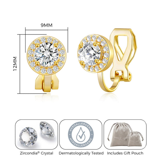 Gold Plated Round Halo Clip On Earrings Created with Zircondia® Crystals - Philip Jones Jewellery