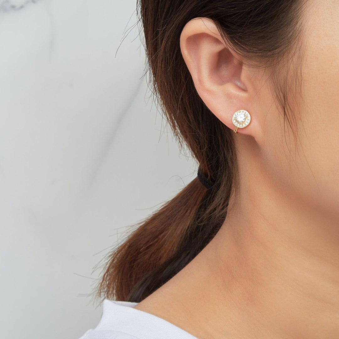 Gold Plated Round Halo Clip On Earrings Created with Zircondia® Crystals - Philip Jones Jewellery