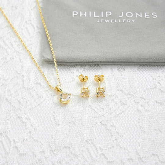 Gold Plated Round Solitaire Bridal Set Created with Zircondia® Crystals - Philip Jones Jewellery