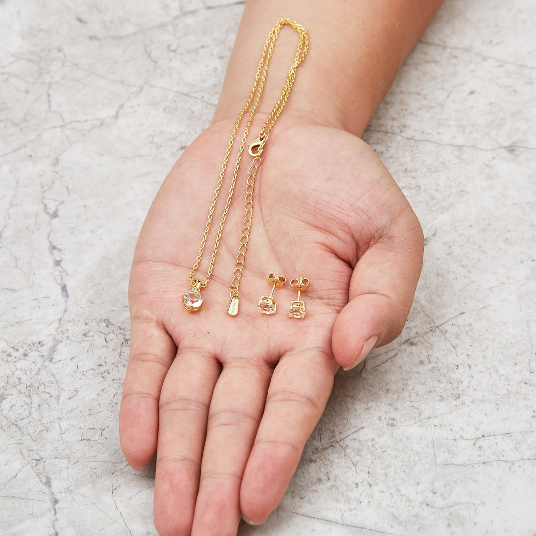 Gold Plated Round Solitaire Set Created with Zircondia® Crystals - Philip Jones Jewellery