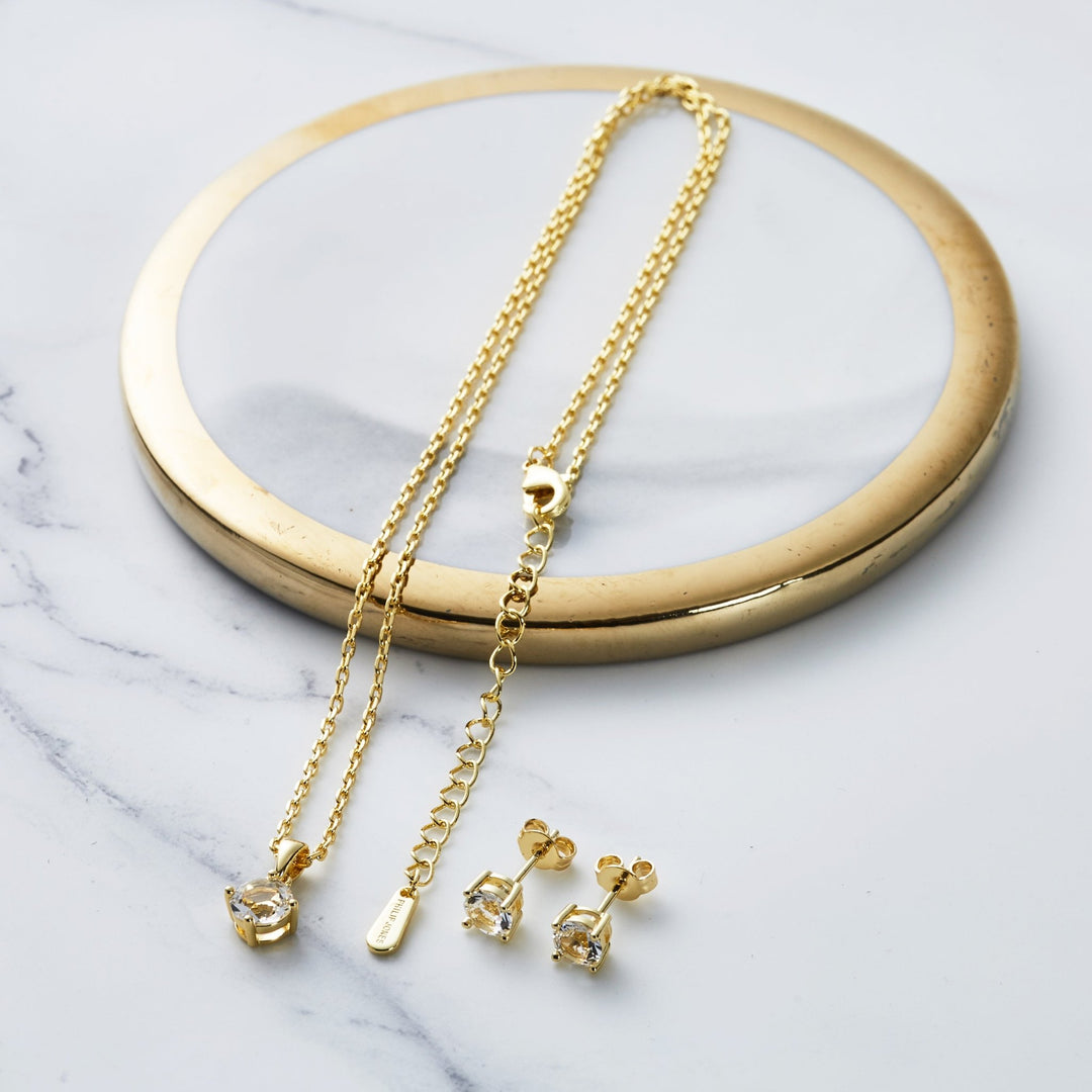 Gold Plated Round Solitaire Set Created with Zircondia® Crystals - Philip Jones Jewellery