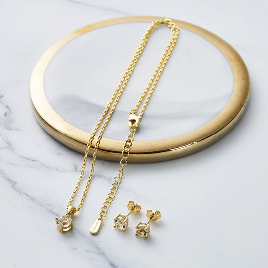 Gold Plated Round Solitaire Set Created with Zircondia® Crystals - Philip Jones Jewellery