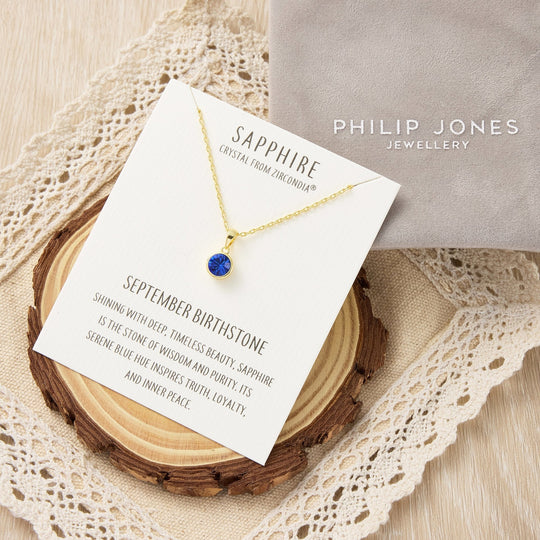 Gold Plated September (Sapphire) Birthstone Necklace Created with Zircondia® Crystals - Philip Jones Jewellery