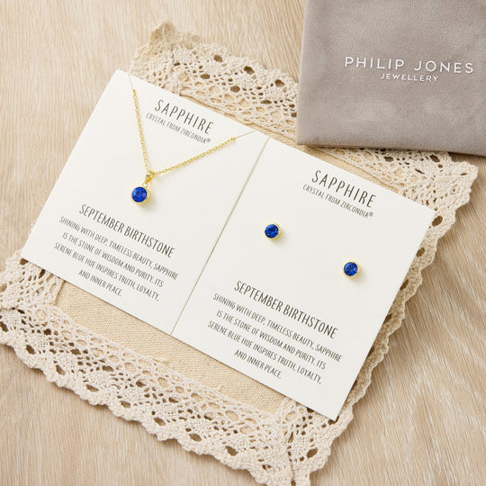 Gold Plated September (Sapphire) Birthstone Necklace & Earrings Set Created with Zircondia® Crystals - Philip Jones Jewellery