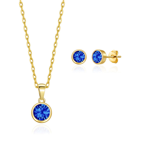 Gold Plated September (Sapphire) Birthstone Necklace & Earrings Set Created with Zircondia® Crystals - Philip Jones Jewellery