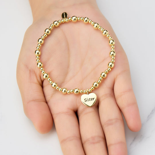 Gold Plated Sister Heart Charm Beaded Stretch Bracelet - Philip Jones Jewellery